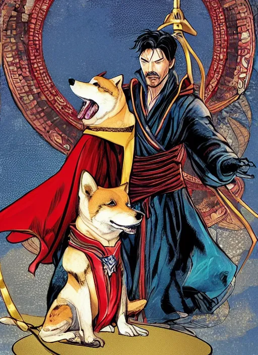 Image similar to dr. strange casting a shield spell in the metaverse with a shiba inu samurai at his feet, hyper realistic, highly detailed, perfect face, smooth, focus