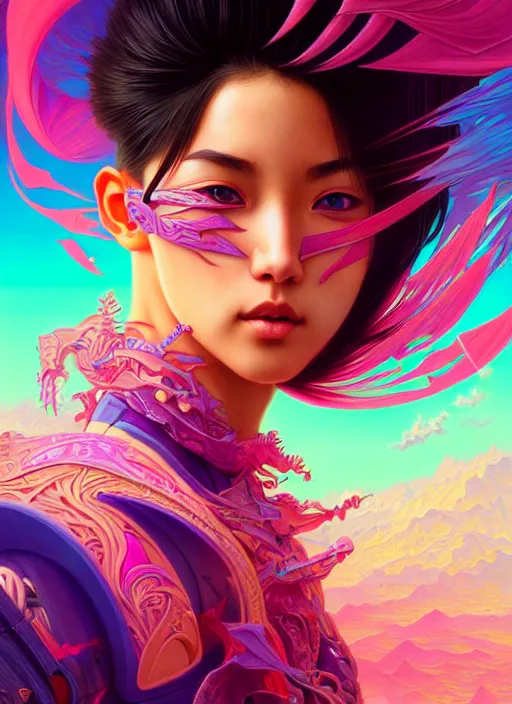 Prompt: hyper detailed ultra sharp of a beautiful ninja girl. trending on artstation, vaporwave aesthetic, synthwave, colorful, psychedelic, ornate, intricate, digital painting, concept art, smooth, sharp focus, illustration, art by artgerm and greg rutkowski and alphonse mucha, 8 k