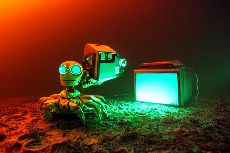 Image similar to robot crab underwater, in 2 0 1 2, bathed in the the glow of a crt television, crabcore, low - light photograph, photography by tyler mitchell