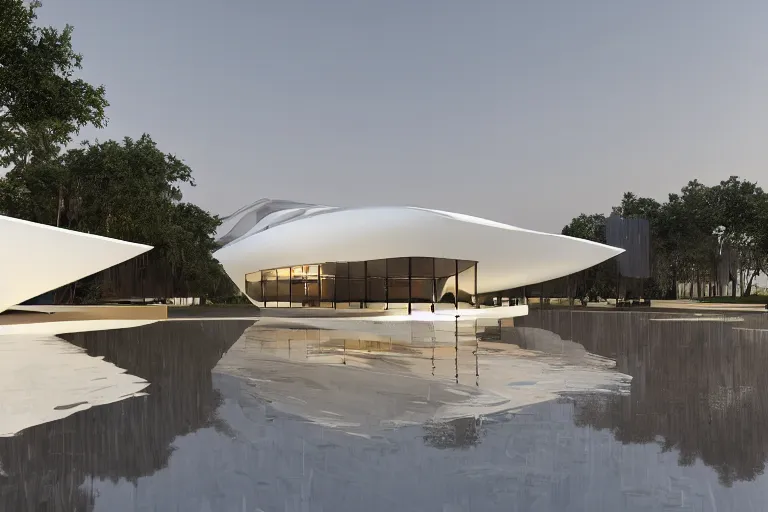 Image similar to a lot of white egg shaped spherical spaces are combined and intersected to form a skum white building. on the calm lake surface, people's perspective, future, interior wood, marble, award winning, highly detailed 4 k art, dusk, unreal engine highly rendered, global illumination, radial light, internal environment