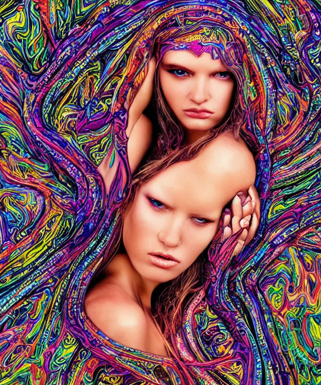 Image similar to A epic photo art of beautiful woman by Michael Sydney Moore, Alex Grey, hyper detailed, 50mm, award winning photography