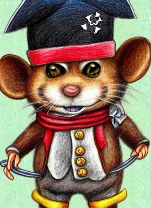 Image similar to detailed colored pencil drawing of a cute anthropomorphic mouse as a pirate