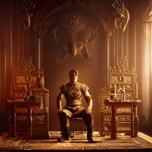 Image similar to the elder scrolls vi majestic gracious jarl portrait, stately throne room, painted, dark room, one point of light coming through the window, atmospheric lighting, painted, intricate, volumetric lighting, beautiful, golden hour, sharp focus, ultra detailed, by leesha hannigan, ross tran, thierry doizon, kai carpenter, ignacio fernandez rios