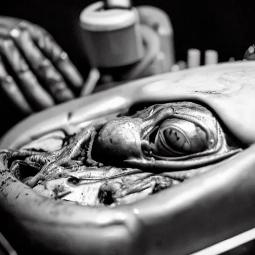 Prompt: photo of an alien autopsy, black and white, wide angle