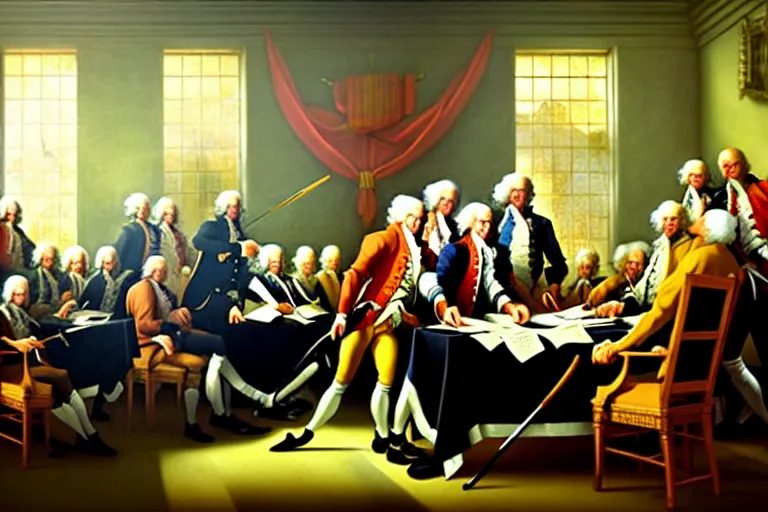 Image similar to baroque oil painting of key visual environment concept art of the anime maid founding fathers signing the declaration of independence, brutalist, dark fantasy, rule of thirds golden ratio, fake detail, trending pixiv fanbox, acrylic palette knife, style of makoto shinkai studio ghibli genshin impact jamie wyeth james gilleard greg rutkowski chiho aoshima