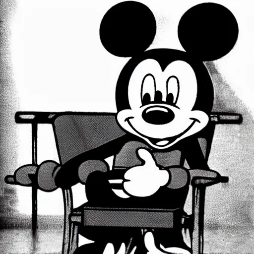 Prompt: Mickey Mouse sitting in a chair waving.