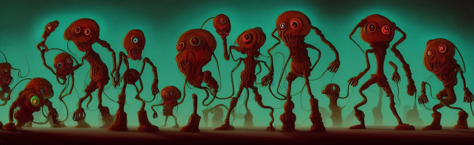 Image similar to uncanny repressed mutants from the depths of a vast wasteland in the collective unconscious, dramatic lighting, surreal dark 1 9 3 0 s fleischer cartoon characters, surreal painting by ronny khalil