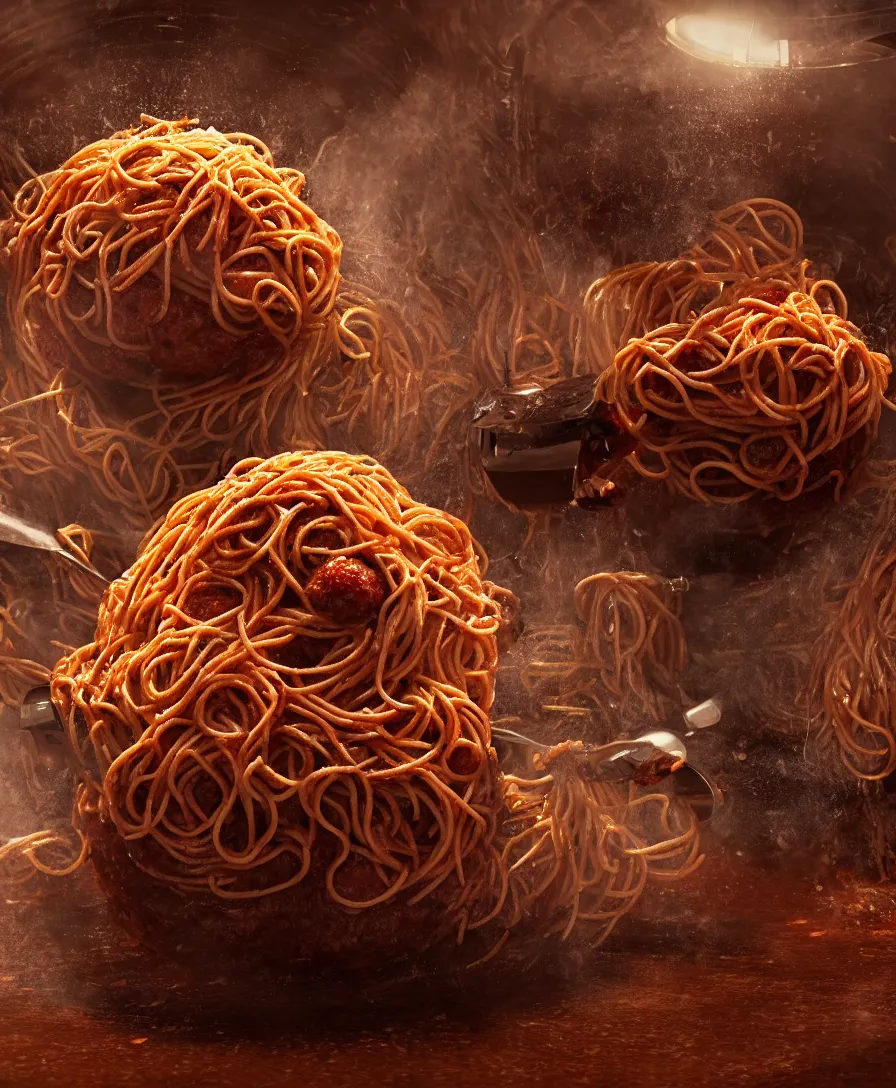 Prompt: spaghetti monster coming out of the pot with meatballs eyes, cinematic lighting, 8k, artstation