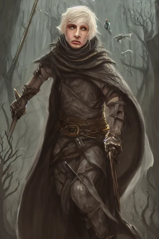 Image similar to a full body high detail fantasy portrait oil painting illustration of a small pale rogue by justin sweet with black cloak, face and body clearly visible, in a scenic background, visible pupils, realistic proportions, d & d, rpg, forgotten realms, artstation trending, high quality, sombre mood, artstation trending, muted colours, entire person visible!