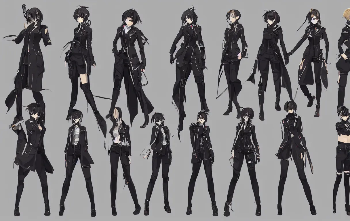 Prompt: a series of different character outfit concept art designs for a beautiful female anime cyberpunk police detective wearing a heavy trench coat; each design is centred and arranged in a straight line; clear character pose and silhouette, high clarity outfit design; good anatomy; layered clothing, techwear; trending on artstation; clear shapes, clean edges, full body