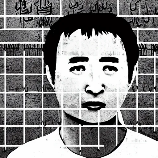 Image similar to uyghur Uighur in a prison behind bars, organ harvesting, in the style of daniel johnston and outsider art, 8k, line brush, overlaid with chinese adverts