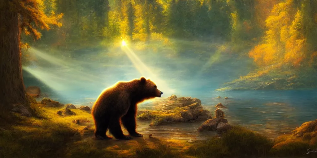 Prompt: bear at a lake, magical energies emanating from it, god rays, wide angle, fantasy art, matte painting, sharp focus, vibrant colors, high contrast, illustration, art by justin gerard