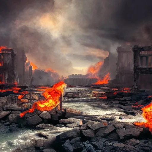 Image similar to big crumbling pillars over raging turbulent waters, conflagration in the background a lot of fire, hyper realistic, highly detailed, digital art, apocalyptic, intimidating lighting, raytracing, sharp focus, smooth, romanticism