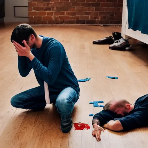 Image similar to photo of a man on the floor with a broken back, and another man on the floor vomiting all over himself