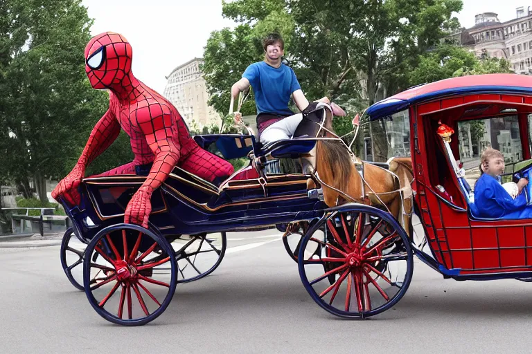 Image similar to spiderman driving a horse & carriage