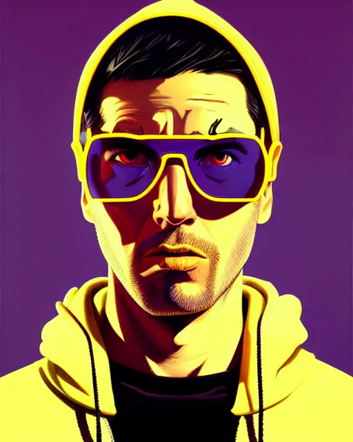 Image similar to pop art mixed with neo - noir artsyle, hyper - realistic detailed portrait of a man in a hoodie, with neon visor, by atey ghailan, by greg rutkowski, by greg tocchini, by james gilleard, by joe fenton, by kaethe butcher, sharp focus