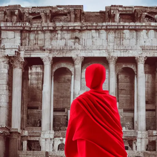 Image similar to a figure covered by red cloth that's blowing in the wind standing in a beautiful roman city, digital art, concept art, cloth simulation with houdini, octane, redshift, 8 k