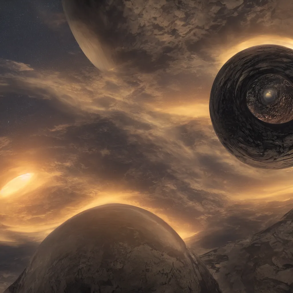 Prompt: An incredibly beautiful but ominous matte painting depicting a torus shaped planet, nvidia, vray, evening, epic scale, octanerender