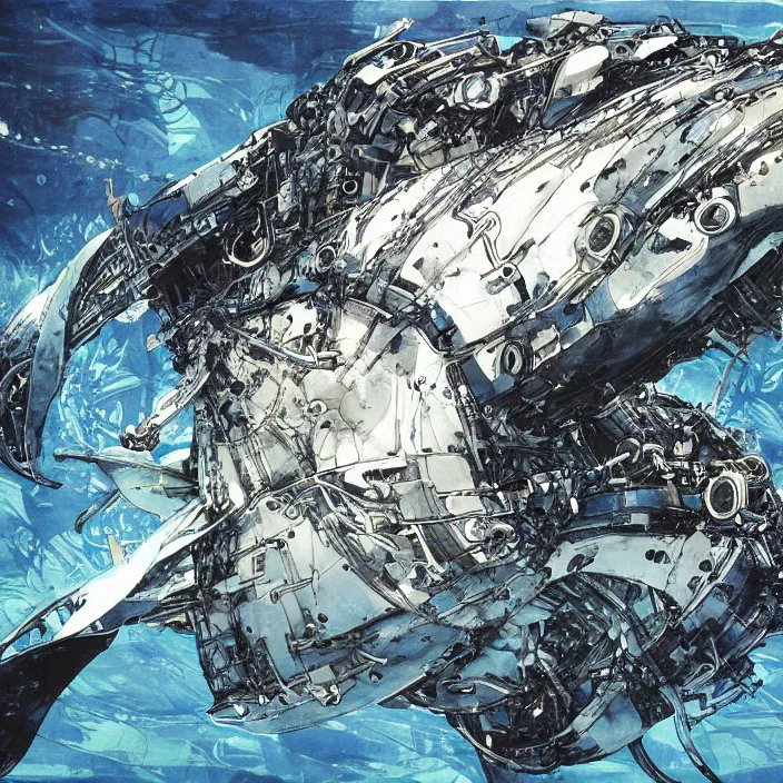 Prompt: mechanical whale, painting, by greg ruthowski, yoshikata amano, yoji shinkawa, alphonse murac, collaborative artwork, beautifully drawn, heavily detailed