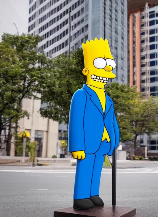 Prompt: bart simpson in business suit, statue standing on street