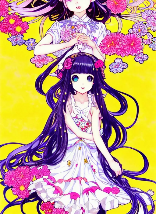 Prompt: exquisite imaginative manga poster art of a smiley girl, long wavy hair, stars, flowers, lolita dress, shimmering, by kojima ayami, shigenori soejima, minaba hideo, alphonse mucha, jump comics, shogakukan, art nouveau, illustration, artstation, highly detailed, 8 k, fluorescent, maximalist