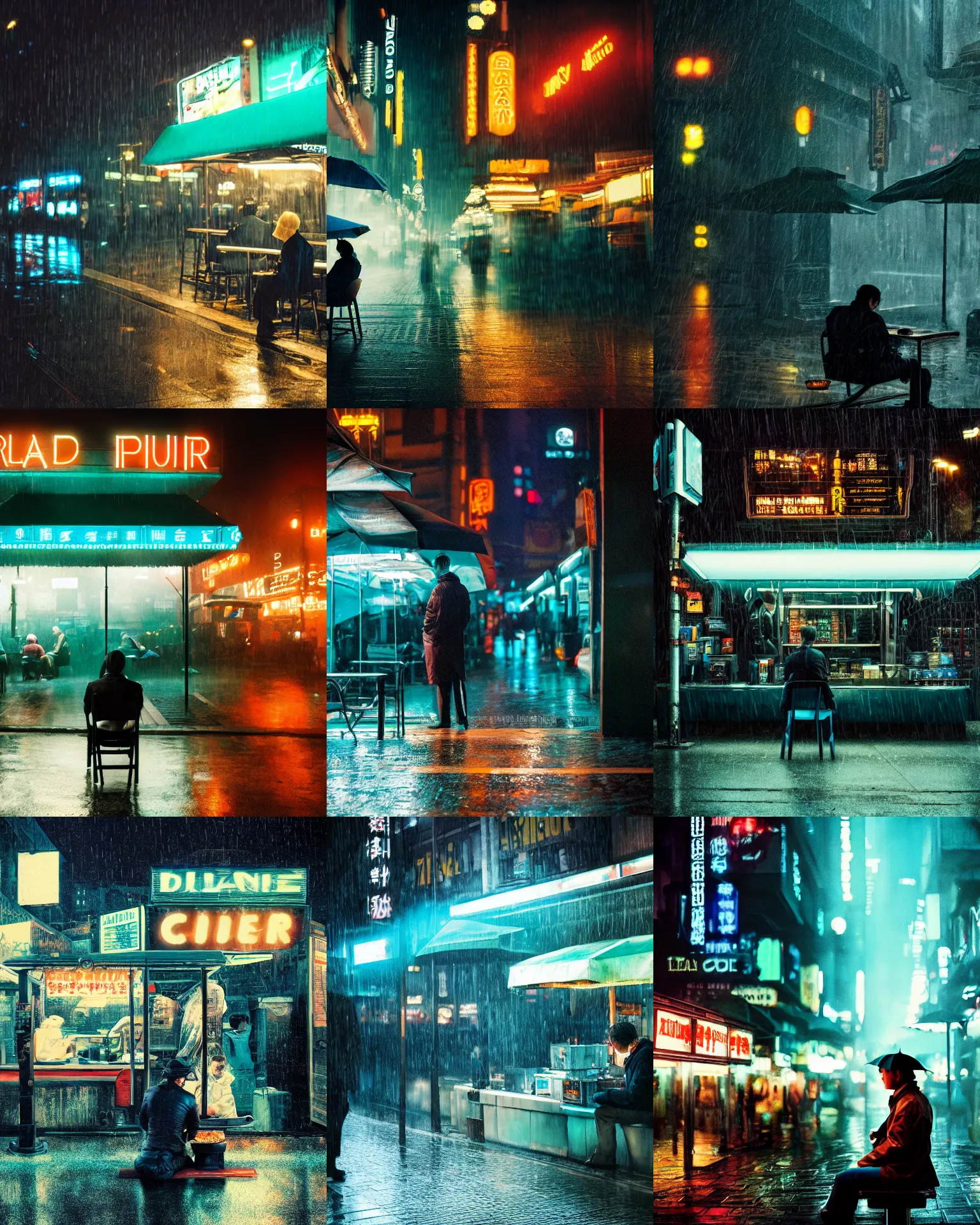 Prompt: blade runner movie still of a customer sitting at an outdoor noodle stand, hyper realism, rack focus, close establishing shot, rainy night, monochromatic teal, steamy, desaturated colors, dark teal lighting, soft dramatic lighting, 4 k digital camera