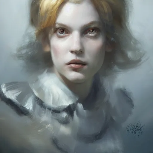 Prompt: closeup portrait of alice in wonderland, dramatic lighting, chiaroscuro, high detail, painted by greg rutkowski, painted by igor kieryluk, painted by bobby chiu, trending on artstation