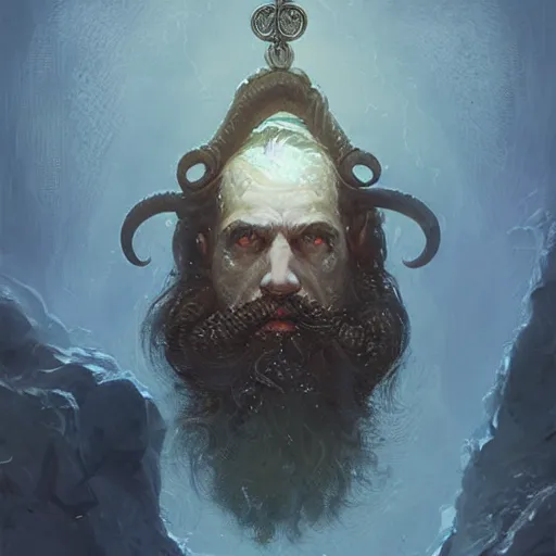 Image similar to A portrait of a cleric of Cthulu with short dark hair and a trimmed beard, he wears a cubic sandstone pendant around his neck, as dark magic emanates from his pendant tentacles spur from the water, digital art by Ruan Jia