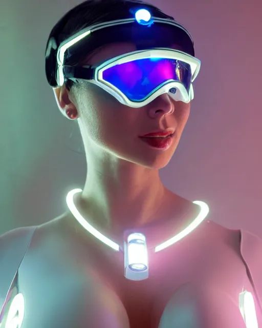 Prompt: centered portrait of flirtatious young sabrina salerno as a solarpunk mecha humanoid robotic parts wearing crystal goggles with bright led lights, real human face, pudica gesture bouguereau style, in white room, ultra - realistic and intricate, soft portrait shot 8 k