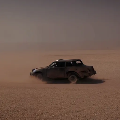 Image similar to A black car Yugo Koral 45 produced by Zastava is speeding through the post-apocalyptic dessert wasteland towards the camera, in the background a huge sand storm is raging, a movie still from Mad Max: Fury Road (2015), three-quarter shot from high angle, Oscar winning cinematography, 4k