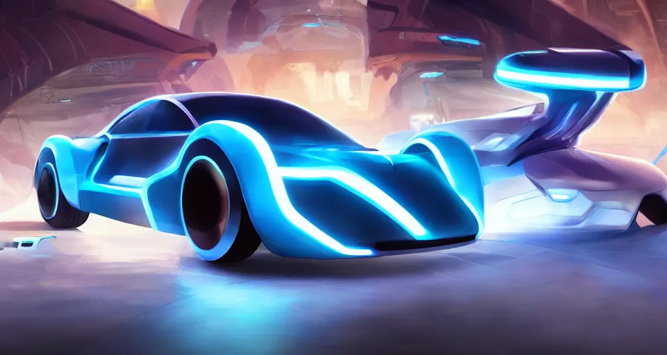 Image similar to dream tron tesla light cycle race, hot wheels, wipe out, hyper realistic, concept art, smooth, high contrast, volumetric lighting, octane, raytrace, syd mead, artgerm, jim lee,