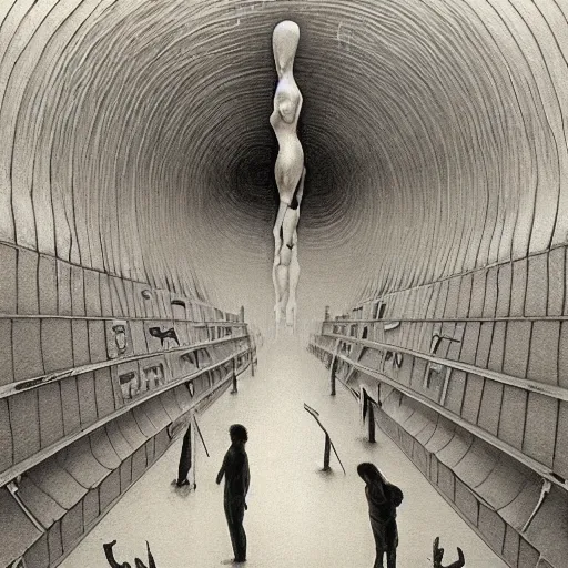 Image similar to lost in the supermarket, from the terrifying and incomprehensible beyond, body horror, by gerard brom, zdzisław beksinski and ansel adams