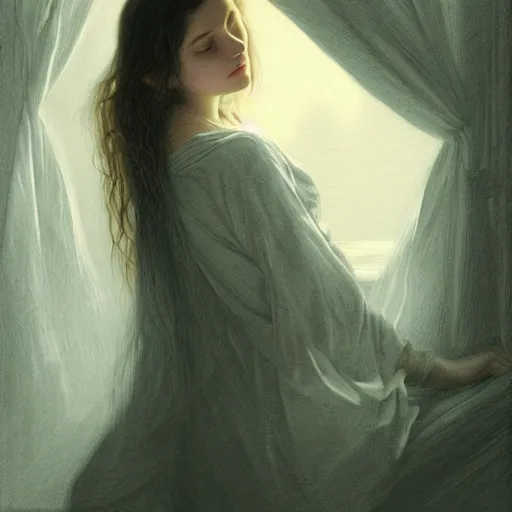 Image similar to A dreamy sleepy young woman with long dark hair, art by caspar gustave doré, highly detailed, oil painting, concept art, illustration, dim lighting with twilight rays of sunlight coming through the window with closed shutters, trending on artstation, very detailed, smooth, sharp focus, octane render