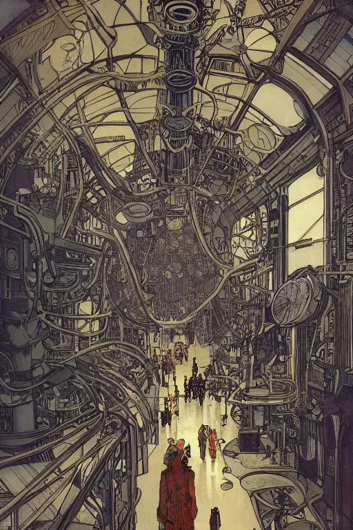 Image similar to front view on steampunk airplane hallway, kid and mad scientist walking, giant video screens, sci - fi, big interior plants, retrofuturism, concept art by mucha and moebius and victo ngai, architecture by francois schuiten, clean line, diesel punk, artstation