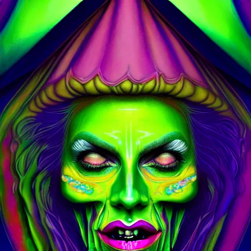 Image similar to An extremely psychedelic portrait of the Wicked Witch, surreal, LSD, face, detailed, intricate, elegant, lithe, highly detailed, digital painting, artstation, concept art, smooth, sharp focus, illustration