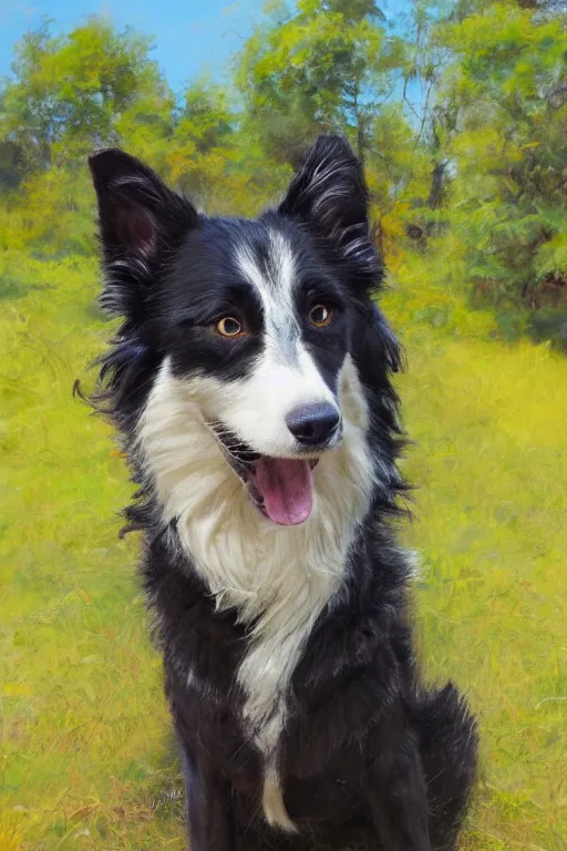 Image similar to portrait of a cute male anthropomorphic border collie fursona wearing a suit in a sunny glade. by henry asencio, jon foster, and ross tran. scenic background, highly detailed, concept art, furry, glamor pose, elegant, aesthetic, beautiful, trending on artstation, top rated on furaffinity and deviantart