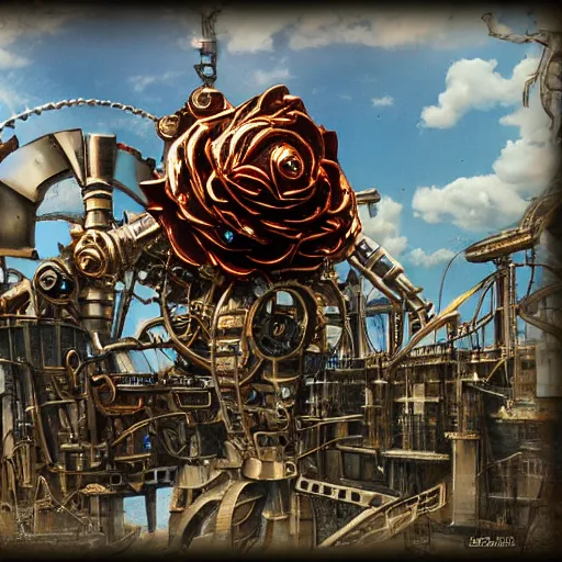 Image similar to giant mechanical rose, steampunk, fantasy art, sky