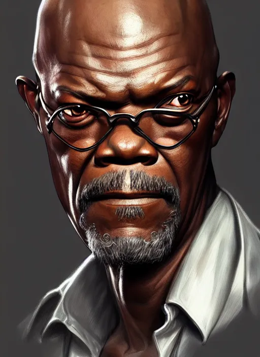 Image similar to Portrait of Samuel L. Jackson, D&D, muscular, fantasy, intricate, elegant, highly detailed, digital painting, artstation, concept art, smooth, sharp focus, illustration, art by artgerm and greg rutkowski and alphonse mucha