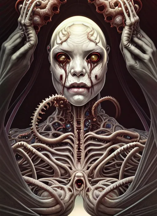 Image similar to symmetry!! portrait of grotesque and gruesome female, cosmic horror, lovecraftian horror, intricate, horror!! highly detailed, digital painting, artstation, giger concept art, smooth, sharp focus, illustration, art by artgerm and greg rutkowski and alphonse mucha and junji ito, 8 k