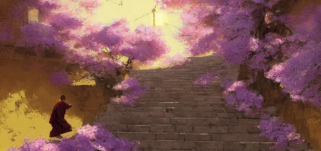 Image similar to A monk walks up stairs lined with cherry blossom trees and jacaranda trees, golden hour, by Craig Mullins, arstation, concept art