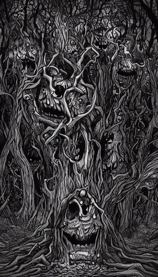 Image similar to a storm vortex made of many demonic eyes and teeth over a forest, by khara inc