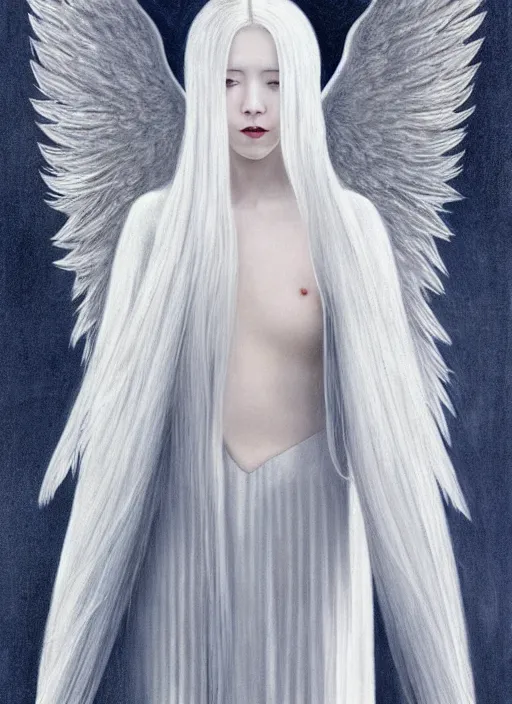 Image similar to tall thin young wan beautiful angel, silver hair so long, pale!, long silver hair, silver angel wings, wan adorable korean face, silver hair!!, style of fernand khnopff and lucien levy - dhurmer, oil on canvas, 4 k resolution, aesthetic!,