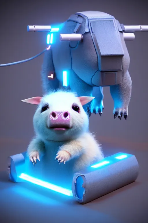 Prompt: high quality 3 d render sci - fi very cute cyborg cow & fluffy! wombat!! hybrid! drinking beer, highly detailed, unreal engine cinematic smooth, in the style of blade runner & detective pikachu, hannah yata charlie immer, dark blue neon light, low angle, uhd 8 k, sharp focus