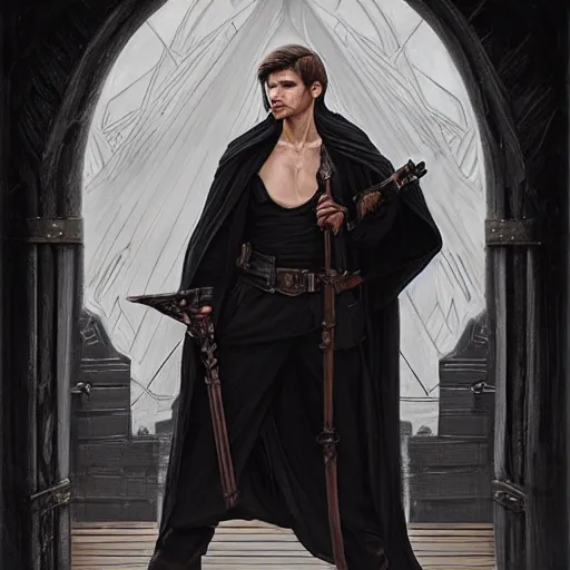 Image similar to dramatic pale male rogue in black robes on a ship deck, fantasy, D&D, full body portrait, piercing stare, highly detailed, digital painting, artstation, concept art, matte, sharp focus, illustration, art by artgerm and greg rutkowski and alphonse mucha