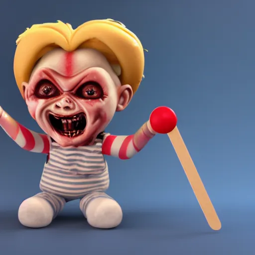 Image similar to ice cream popsicle in the shape of screaming chucky doll, octane render