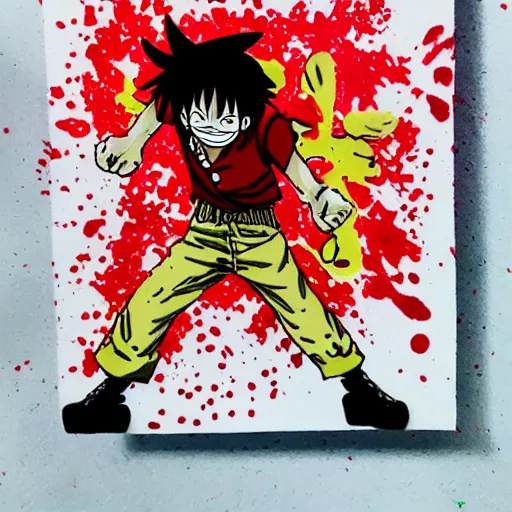 Image similar to die cut sticker, luffy is joyboy, splatter paint on paper