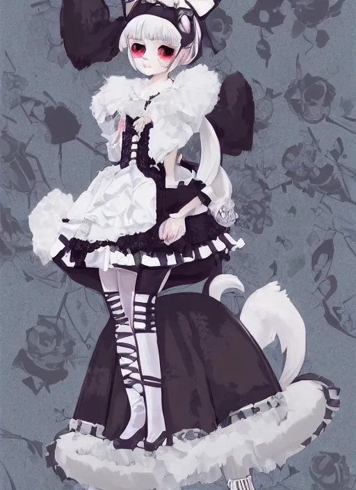 Image similar to digital painting of a cat wearing a gothic lolita dress with a cross pattern and platform boots, fursona, furry art, detailed white fur, detailed dress, makoto shinkai and akihiko yoshida and hidari and wlop