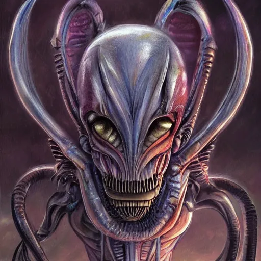Image similar to detailed realistic painting of a my little pony that looks like a xenomorph, cute, in the style of h r giger and wayne barlowe