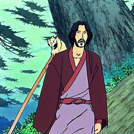 Image similar to a still of keanu reeves in princess mononoke ( 1 9 9 7 ) studio ghibli art style. hayao miyazaki imagination