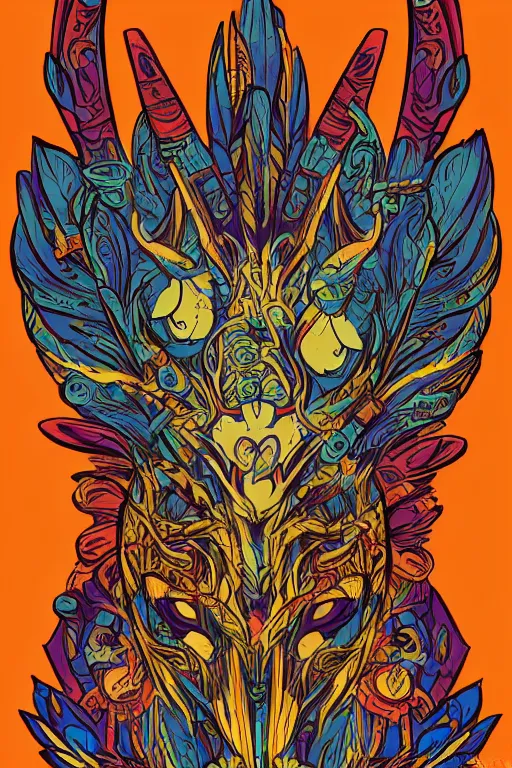 Image similar to animal mask totem roots flower tribal feather gemstone plant wood rock shaman vodoo video game vector cutout illustration vivid multicolor borderlands comics by josan gonzales and dan mumford radiating a glowing aura